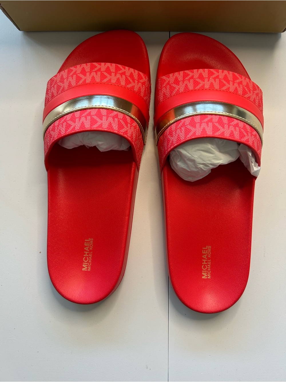 Michael Kors Women’s Coral Colored Slide Sandals with Metallic Accent
